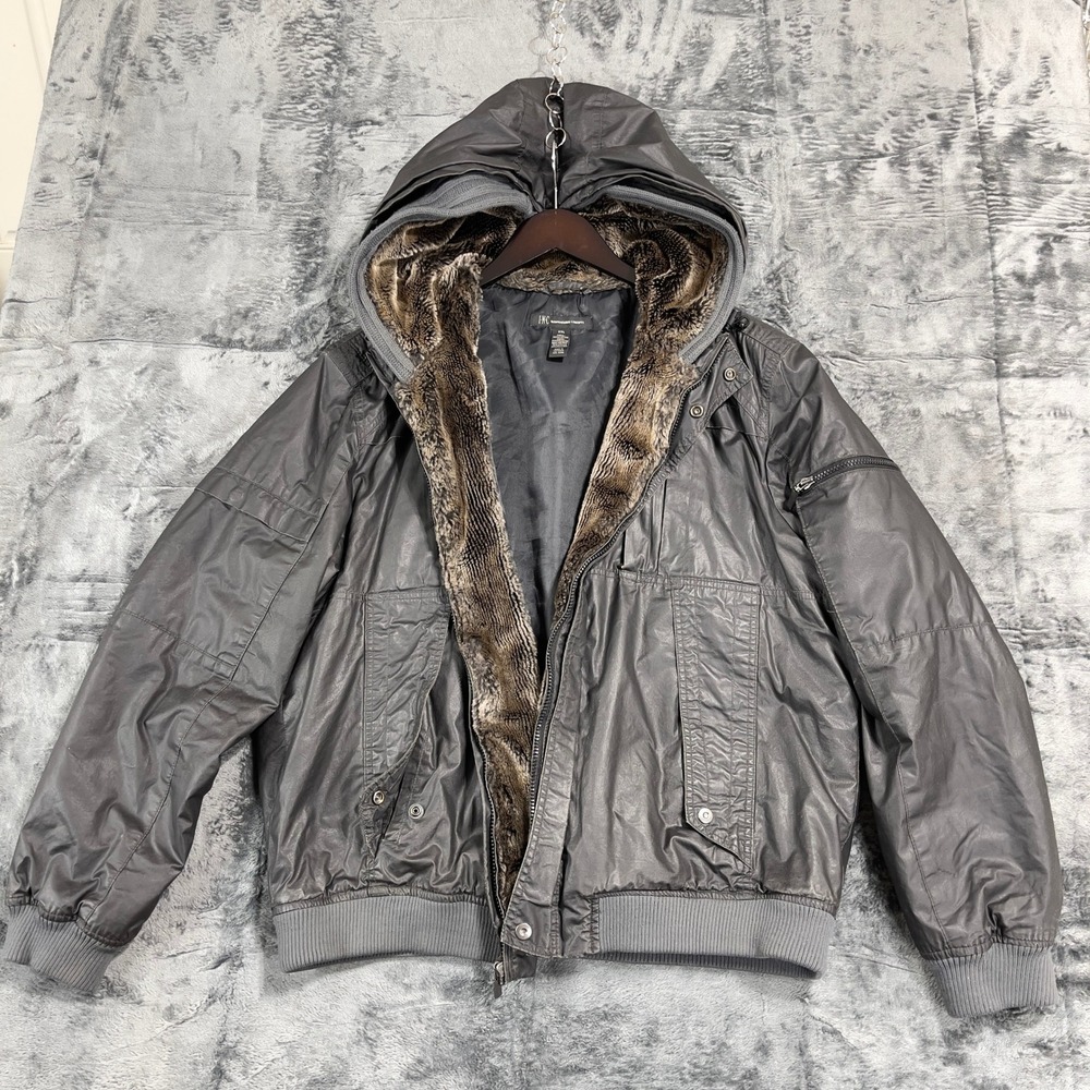 INC Mens Gray Faux Fur Lined Hooded Bomber Jacket XXL Coated Cotton